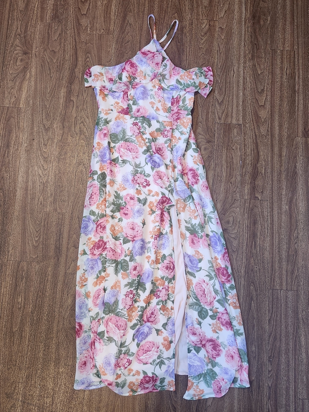Floral Off-Shoulder Maxi Dress - Pink, Purple & Green Size Large